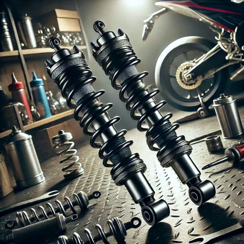 Amortiguadores de moto de competición en el banco de trabajo