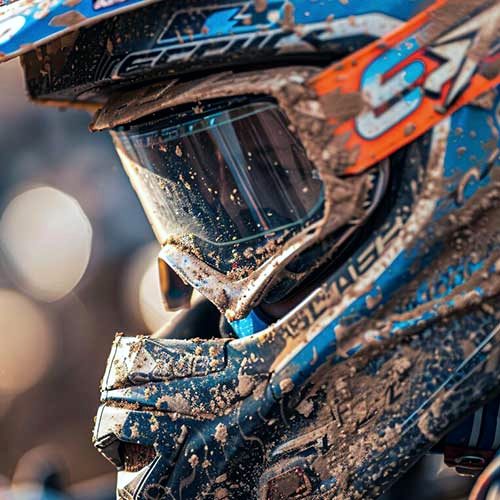 Detalle de casco y carenado con barro tras una sesión de motocross